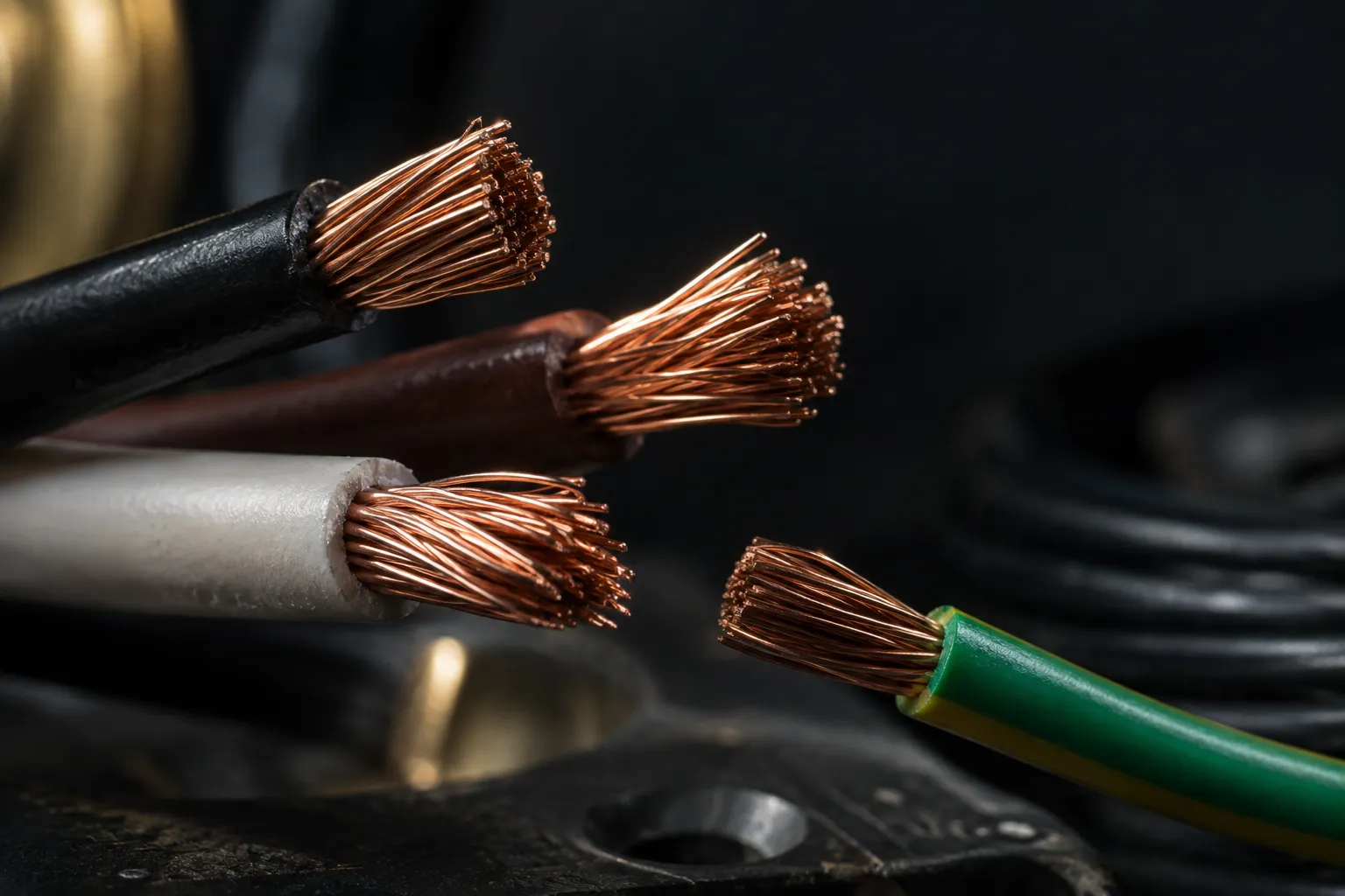 Stripped copper conductors and a green grounding wire, close up