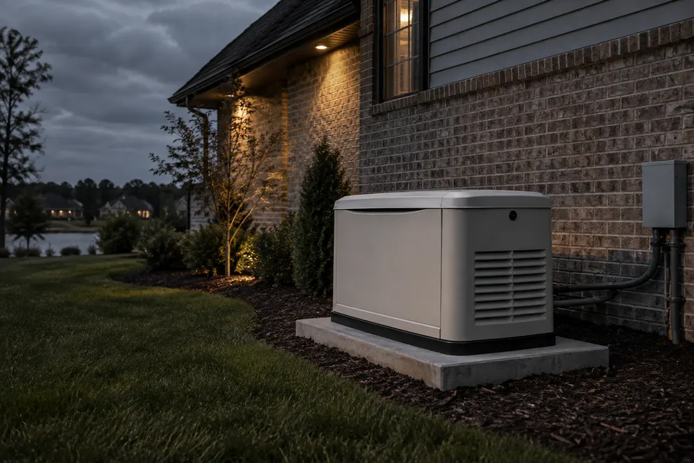 Home standby generator on a concrete pad beside a new brick home
