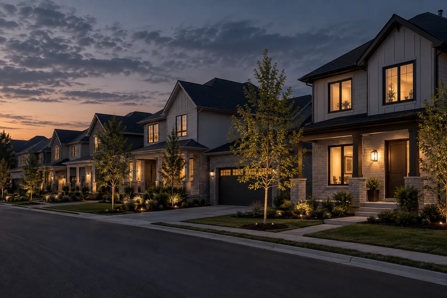 Street of newly built homes in a master-planned community at dusk with porch lights on