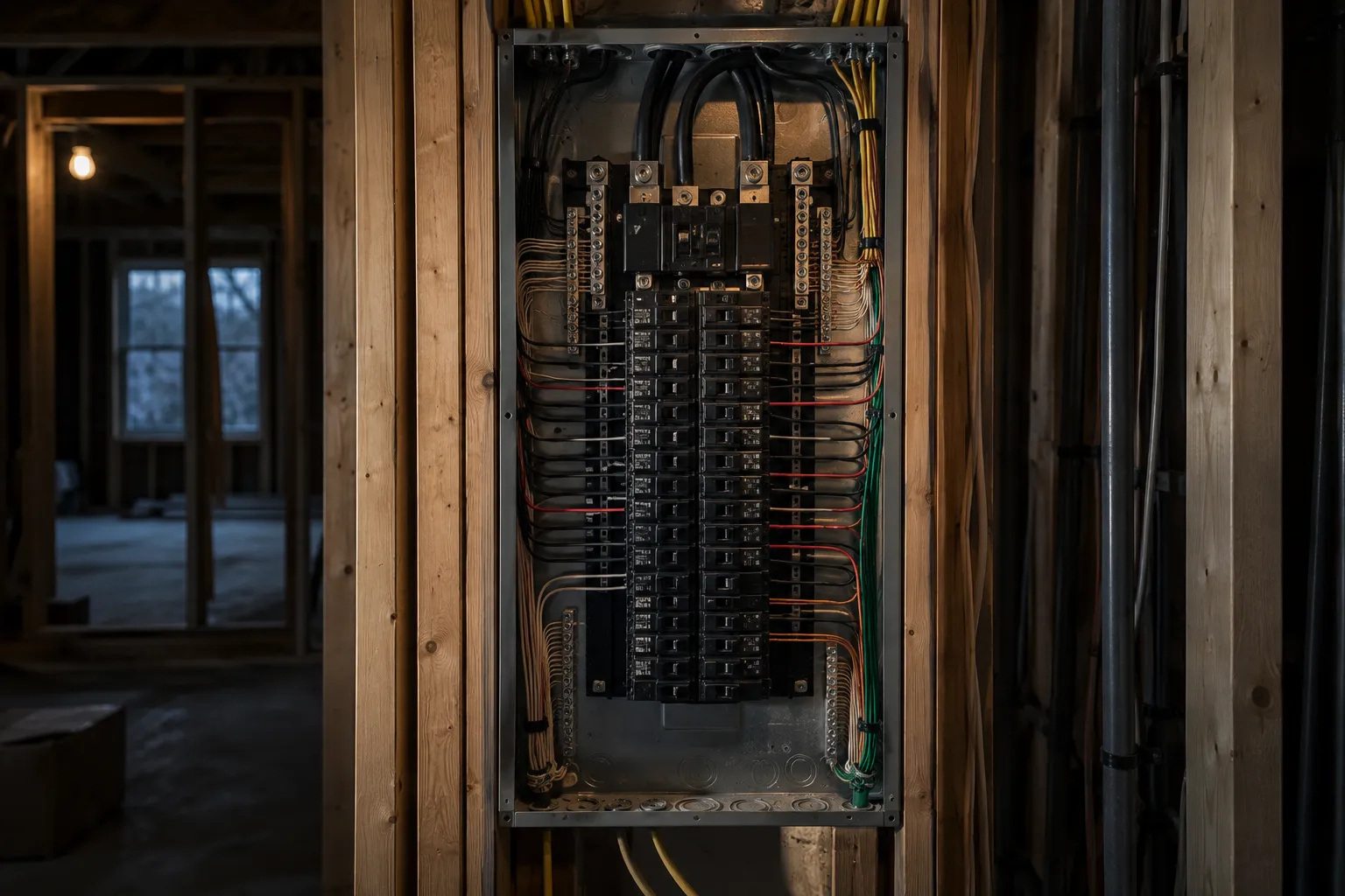 Residential breaker panel with neatly dressed conductors in a new construction home