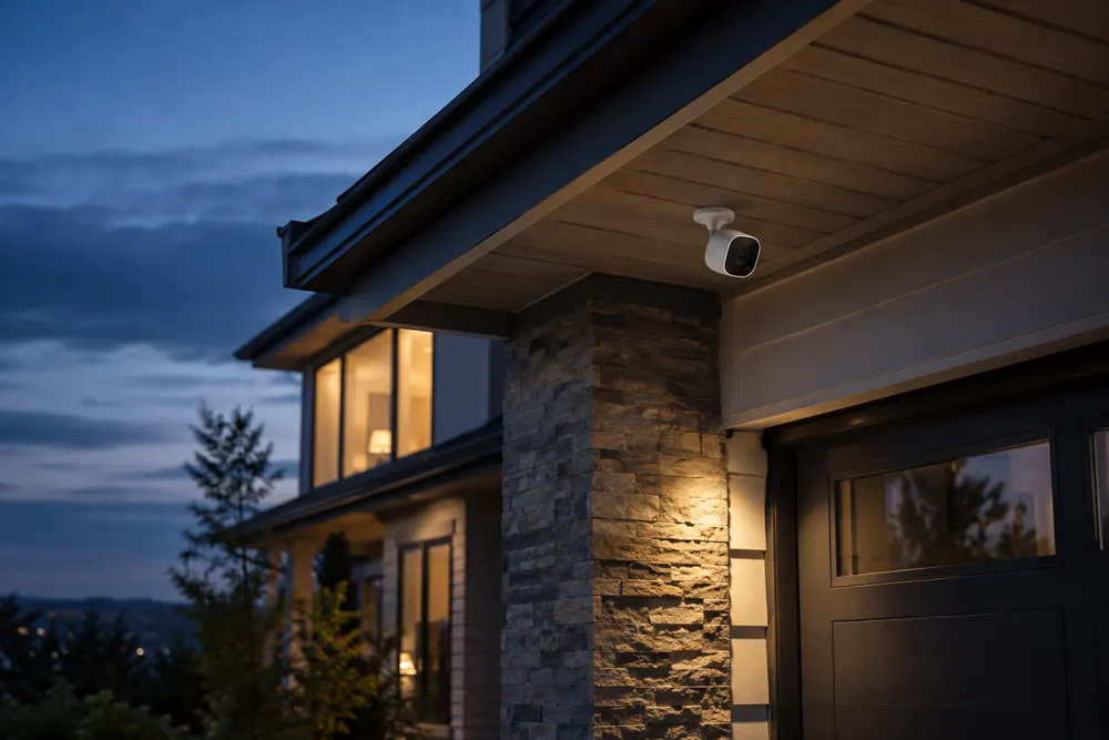 Residential security camera mounted under the eave of a new home at dusk